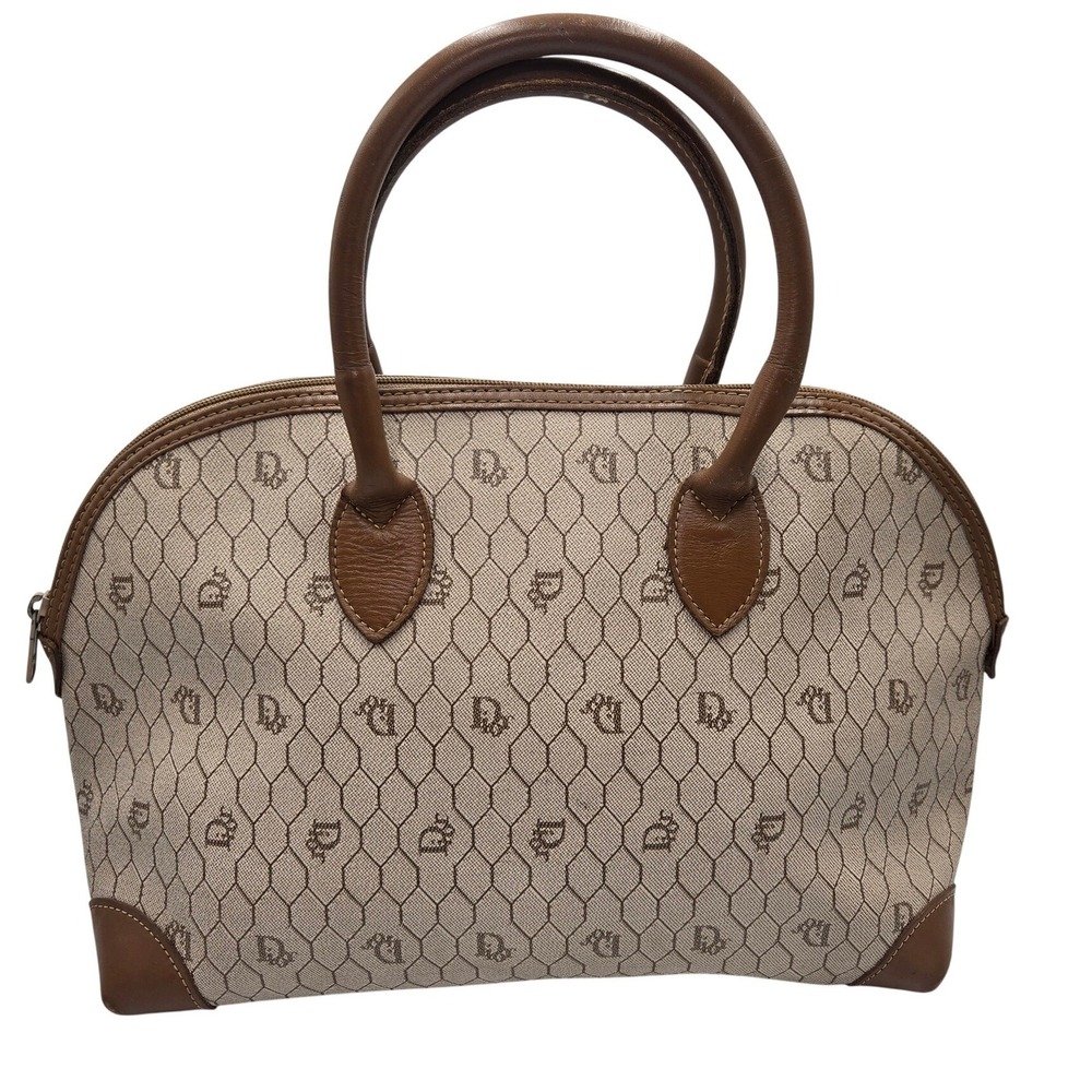Christian Dior Vintage Honeycomb Monogram Canvas Leather Satchel Bag Brown Beige